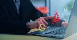 Person in a suit pointing at a red warning triangle on a laptop screen, representing irrelevant results in an AI retrieval system
