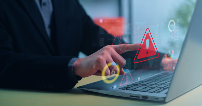Person in a suit pointing at a red warning triangle on a laptop screen, representing irrelevant results in an AI retrieval system